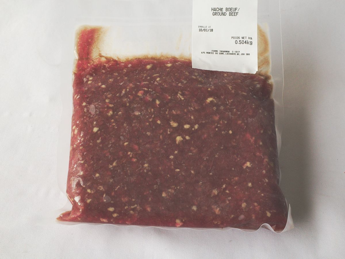 One pound of frozen ground beef